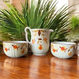 Vintage Hall’s Superior Creamer & Custard Cups Set – Autumn Floral Pattern 3 Pc